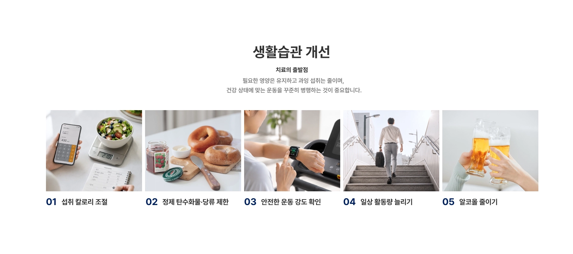 [생활습관 개선] 치료의 출발점 필요한 영양은 유지하고 과잉 섭취는 줄이며 건강 상태에 맞는 운동을 꾸준히 병행하는 것이 중요합니다 섭취 칼로리 조절 정제 탄수화물·당류 제한