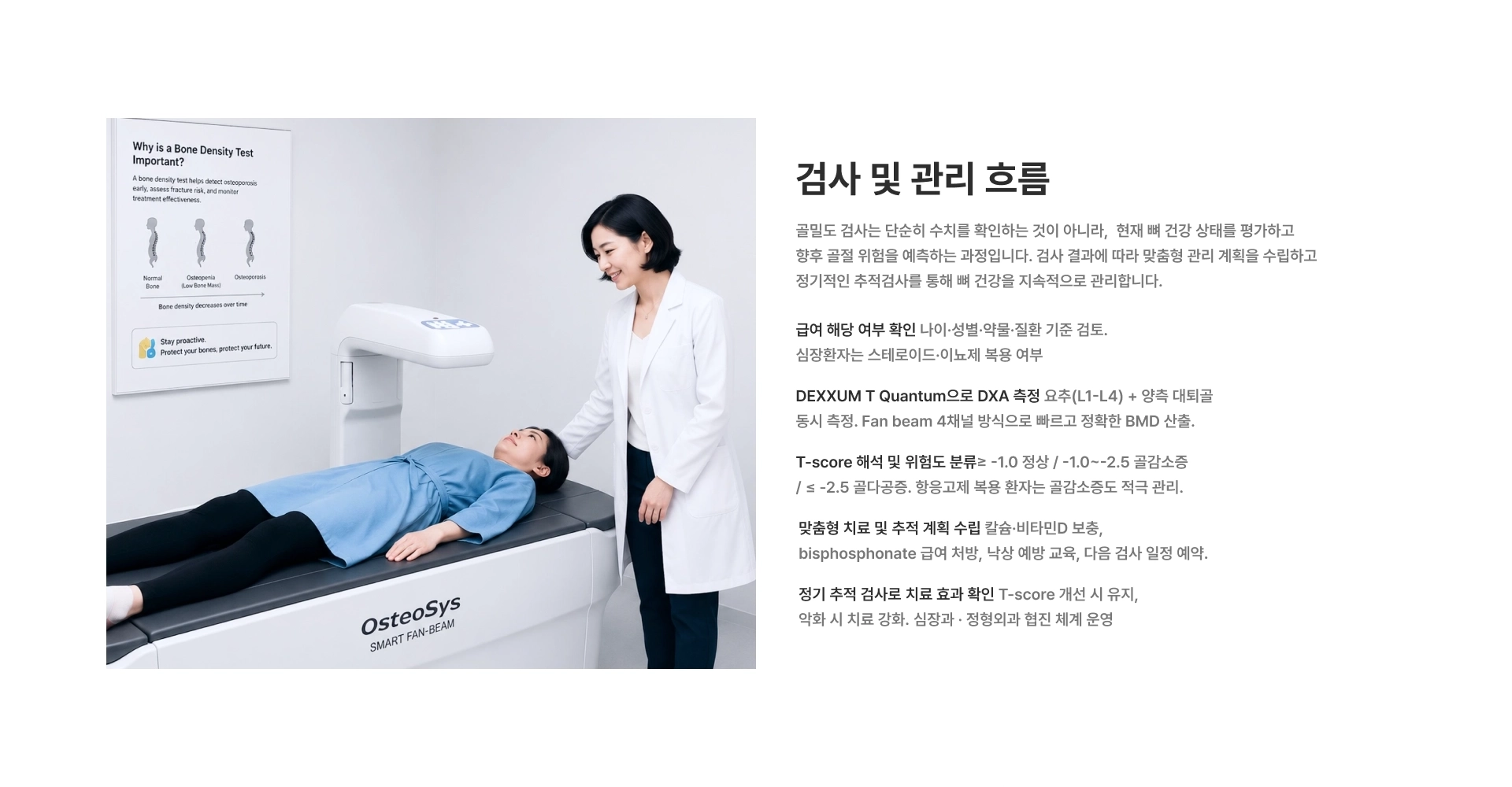 [검사 및 관리 흐름] 급여 해당 여부 확인 DEXXUM T Quantum으로 DXA 측정 T-score 해석 및 위험도 분류 맞춤형 치료 및 추적 계획 수립 정기 추적 검사로 치료 효과 확인
