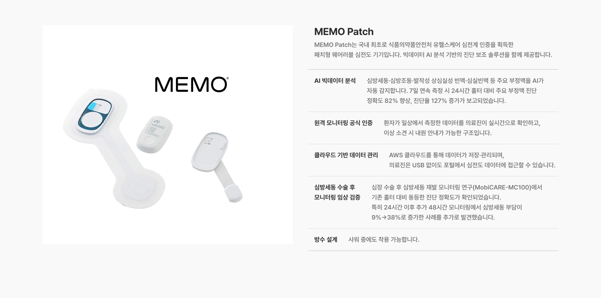 [MEMO Patch] 국내 최초로 식품의약품안전처 유헬스케어 심전계 인증을 획득한 패치형 웨어러블 심전도 기기입니다 AI 빅데이터 분석 원격 모니터링 공식 인증 클라우드 기반 데이터 관리 심방세동 수술 후 모니터링 임상 검증 방수 설계